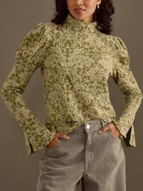 Anthropologie Textured Jacquard Mock Neck Top Women’s Medium Green Floral